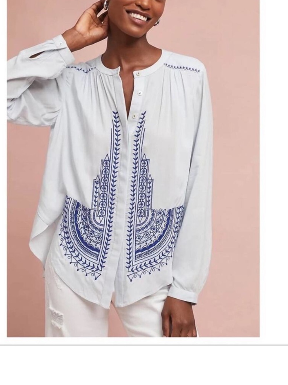 Anthropologie Akemi + Kin Iris Embroidered Boho Flowy White Blouse Size XS